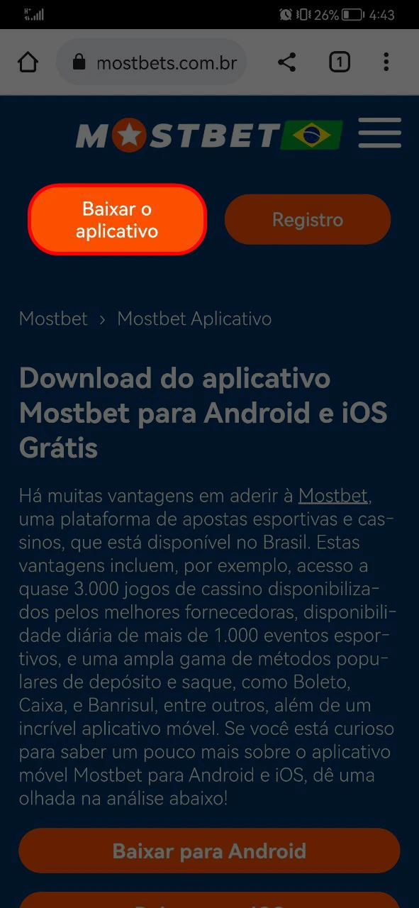 Baixe gratuitamente o aplicativo Mostbet para Android.
