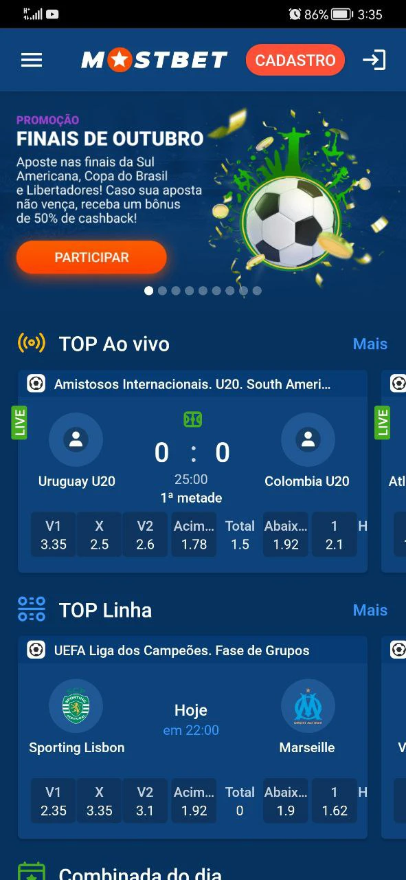 The home screen of the Mostbet app.
