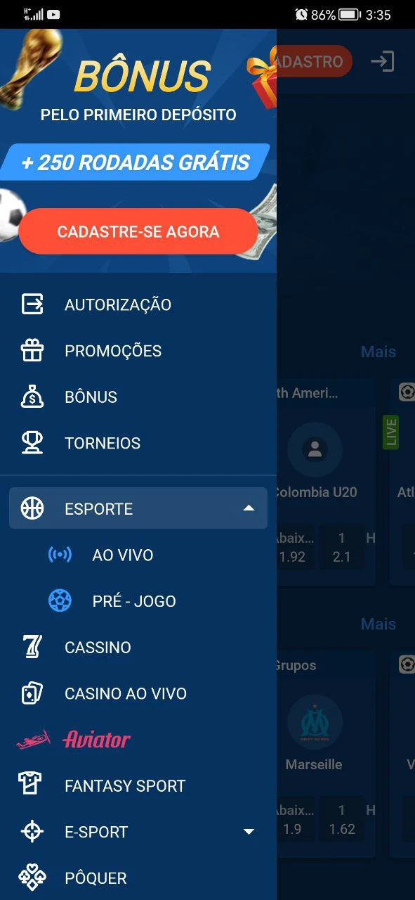 The main menu of the Mostbet application.