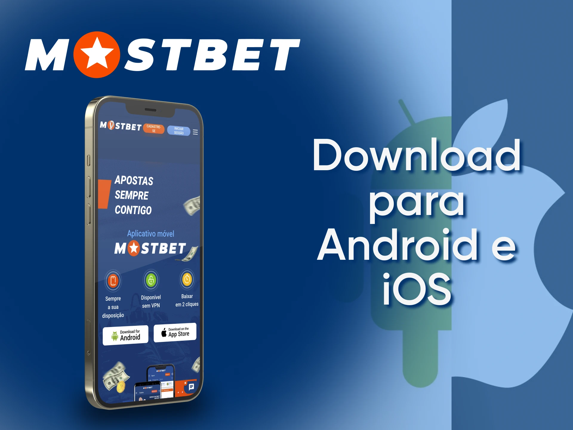 Instale o aplicativo Mostbet para Android ou iOS para jogar Aviator em seu dispositivo móvel.