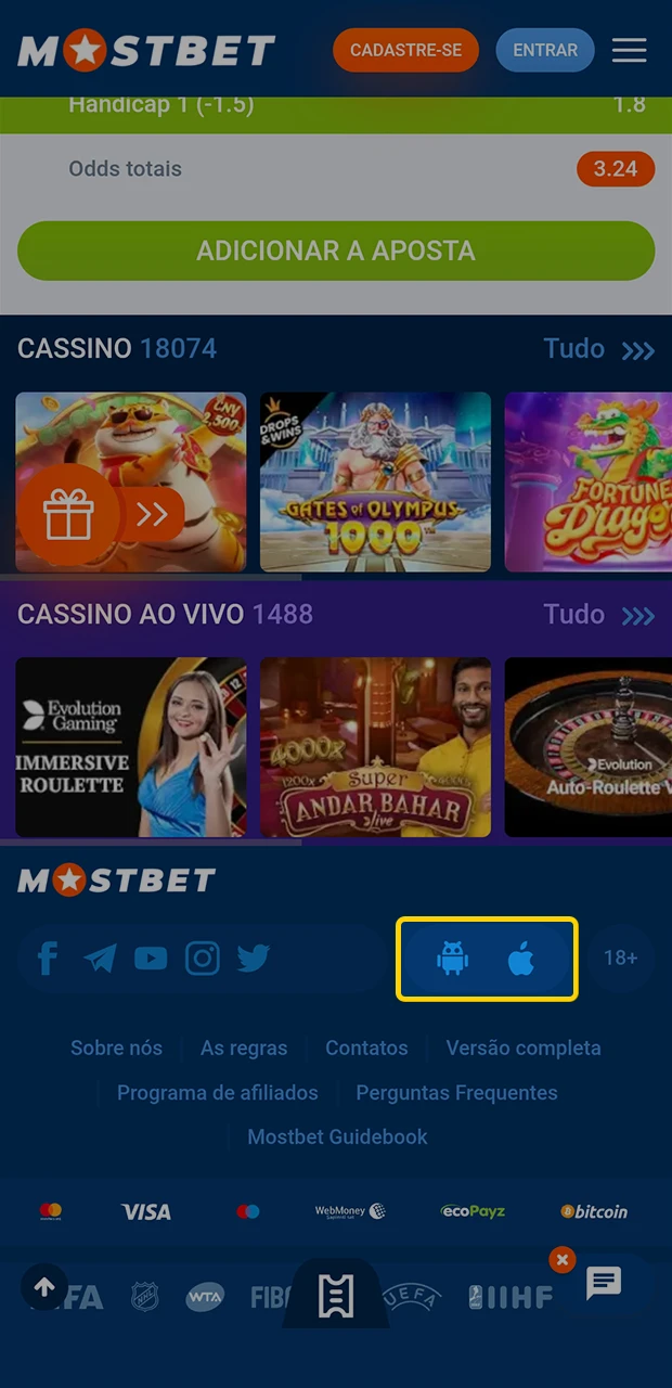Selecione o ícone Android no site oficial da Mostbet.