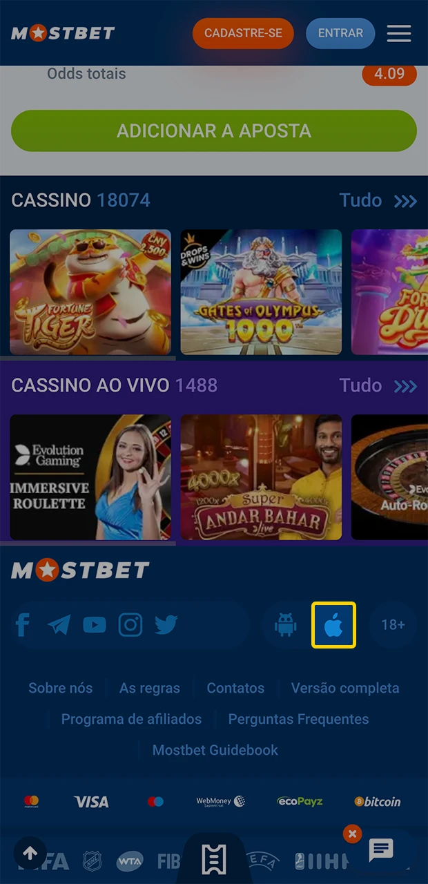 Acesse o site da Mostbet e selecione o ícone iOS.