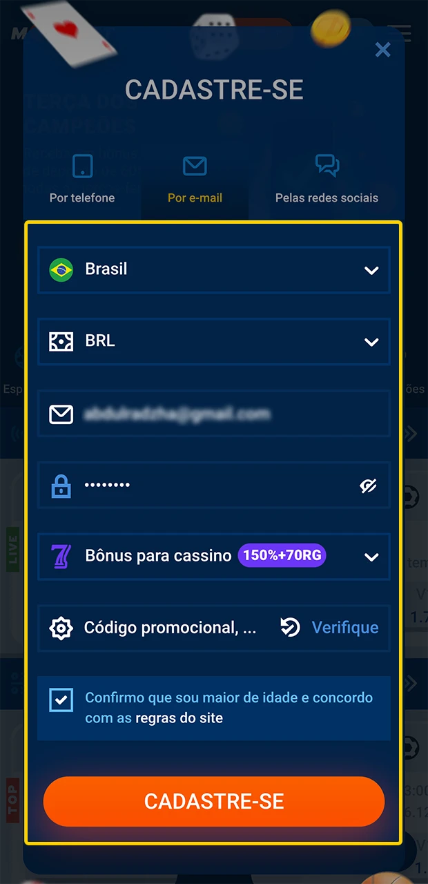 Insira cuidadosamente os seus dados necessários para se registrar no cassino Mostbet.