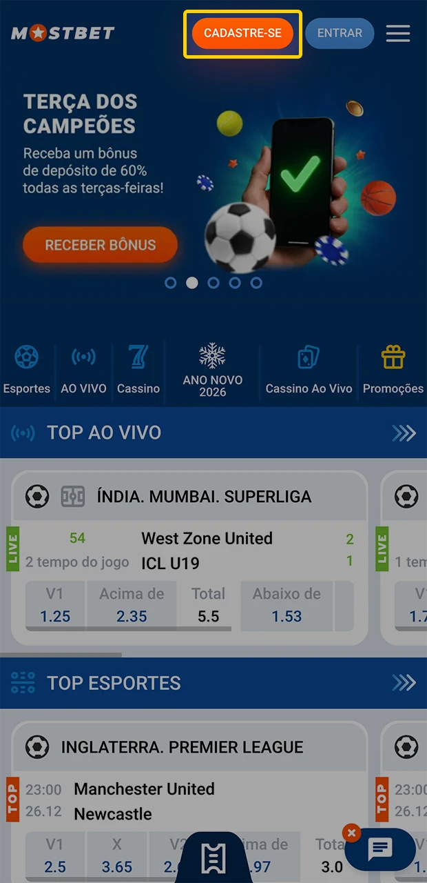 Clique no botão laranja para se registrar no site Mostbet.