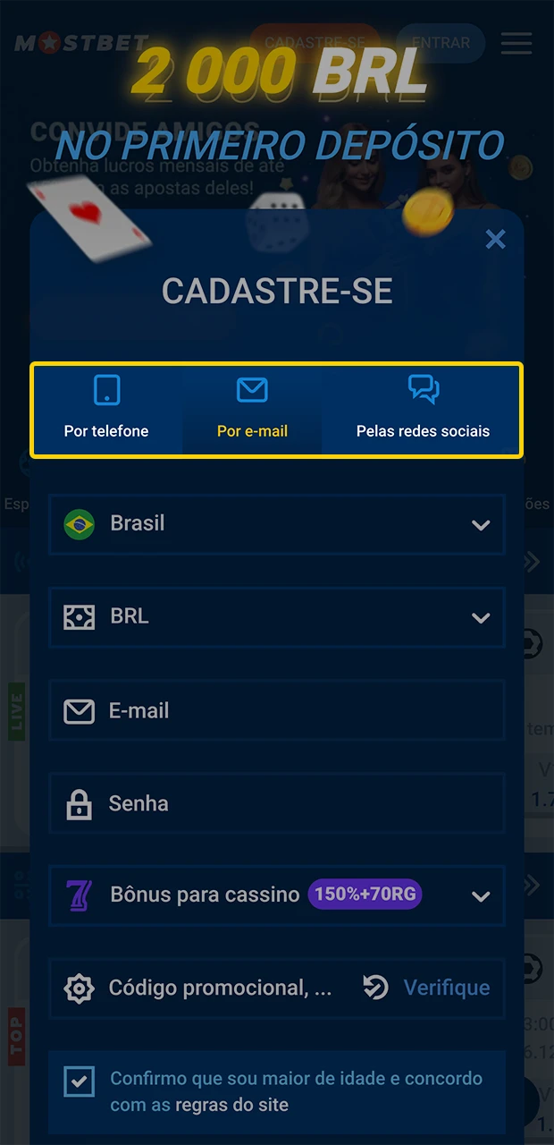 Escolha o método de registro mais conveniente para você no cassino Mostbet.