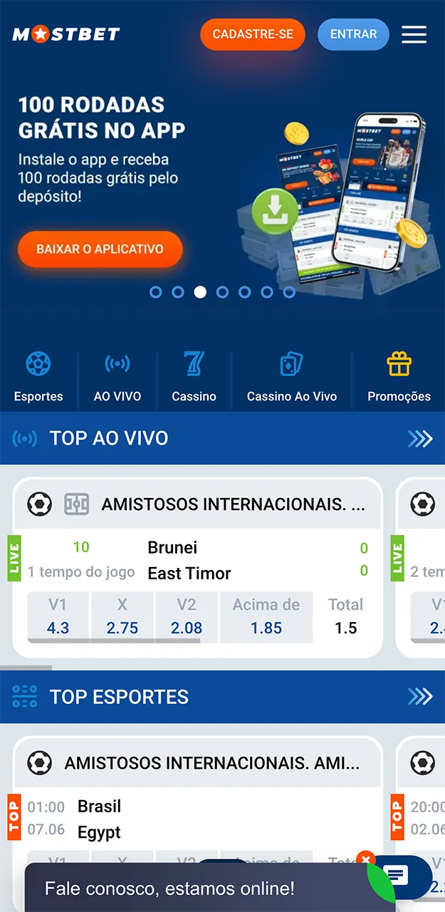 A tela inicial do aplicativo Mostbet.