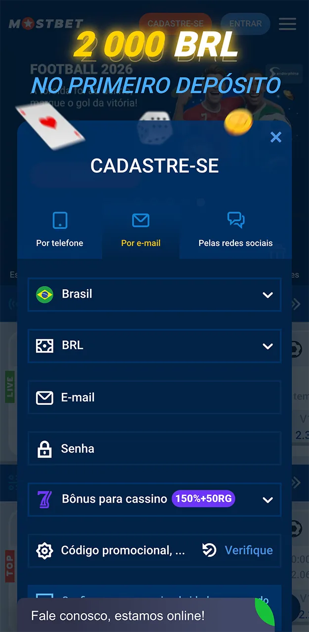 Formulário de registro de conta no aplicativo Mostbet.