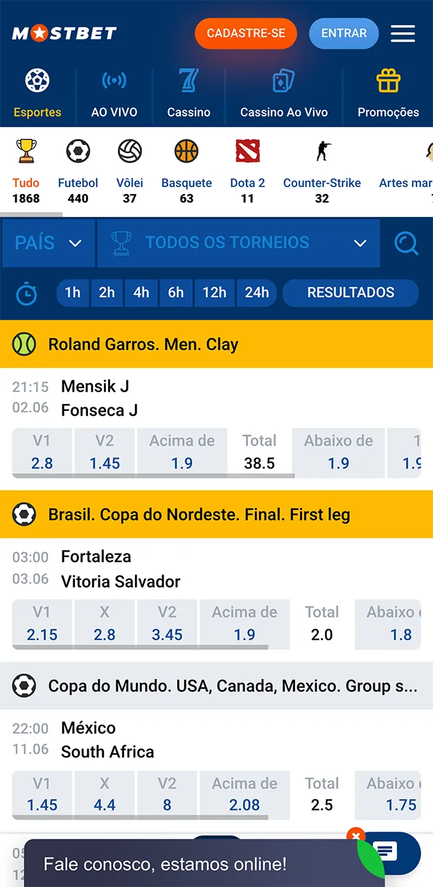 A seção de apostas esportivas do aplicativo Mostbet.