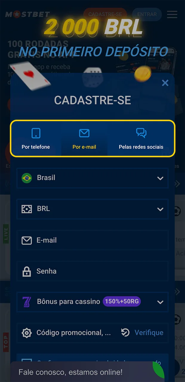 Escolha o método de registro mais conveniente para você no cassino Mostbet.