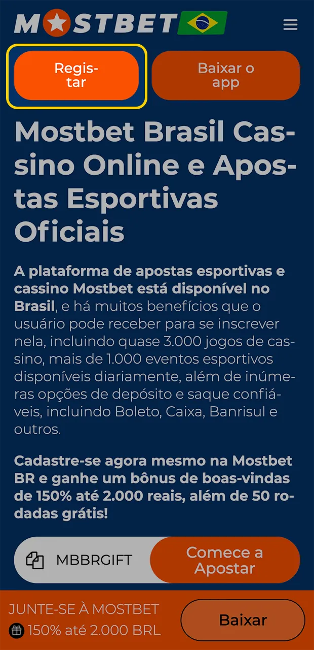 Siga as instruções para se registrar no cassino Mostbet.