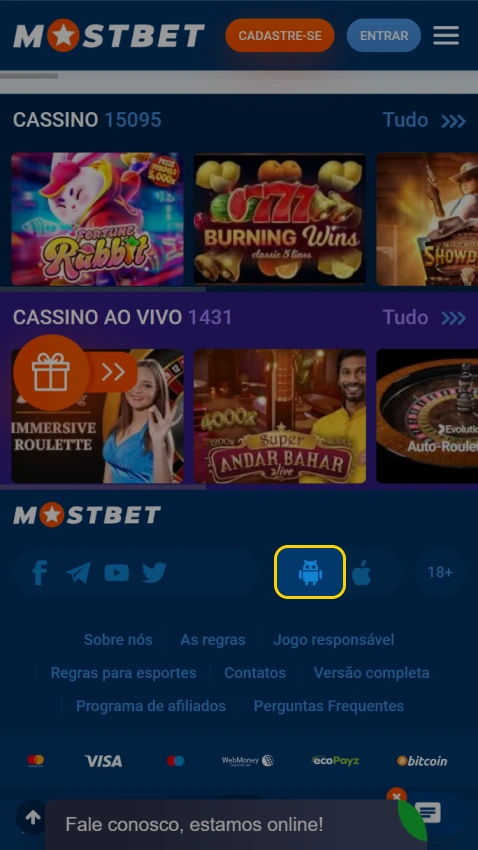 Selecione o ícone Android no site oficial da Mostbet.