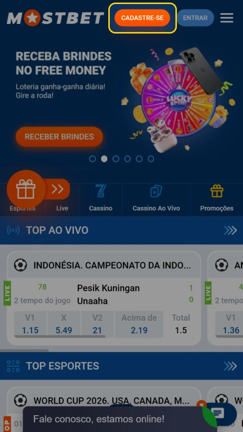 Clique no botão laranja para se registrar no site Mostbet.