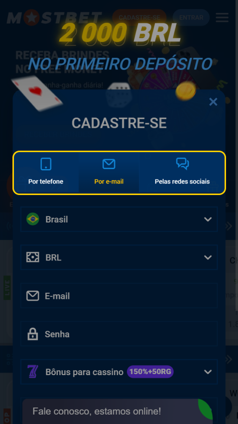 Escolha o método de registro mais conveniente para você no cassino Mostbet.