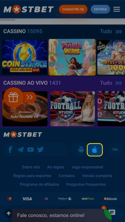 Acesse o site da Mostbet e selecione o ícone iOS.